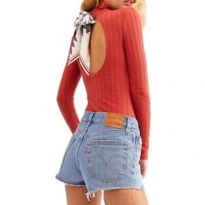Free People Red Open Back Scarf Tie Long‎ Sleeve Top S Mock Neck Boho Festival
